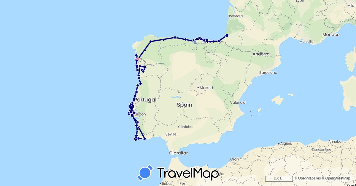 TravelMap itinerary: driving, cycling, hiking in Spain, France, Portugal (Europe)