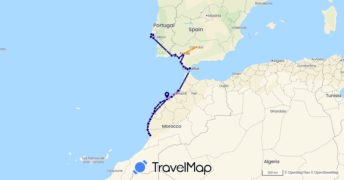 TravelMap itinerary: driving, train, boat, hitchhiking in Spain, Morocco, Portugal (Africa, Europe)