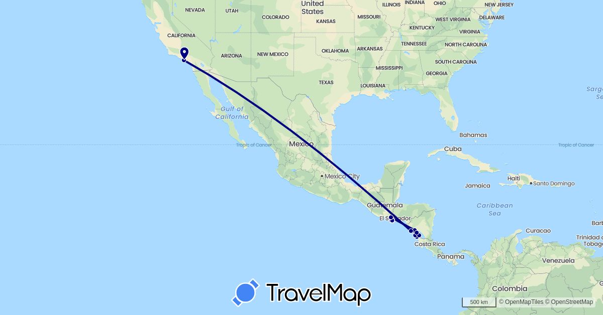 TravelMap itinerary: driving in Nicaragua, El Salvador, United States (North America)